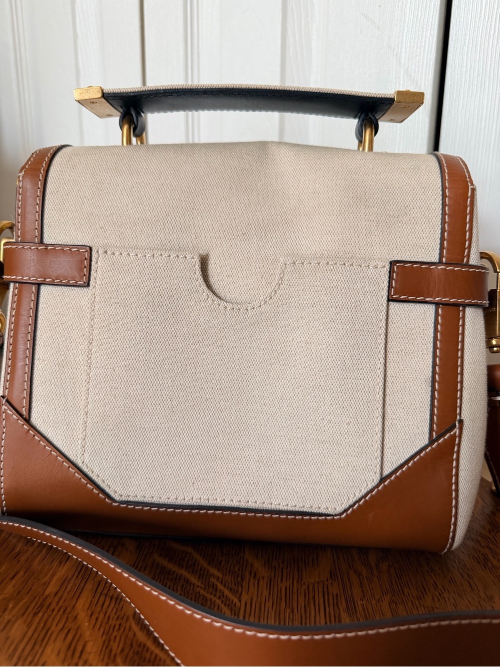 Balmain B-Buzz Cream Canvas and Tan Leather Logo Satchel - Picture 5 of 15